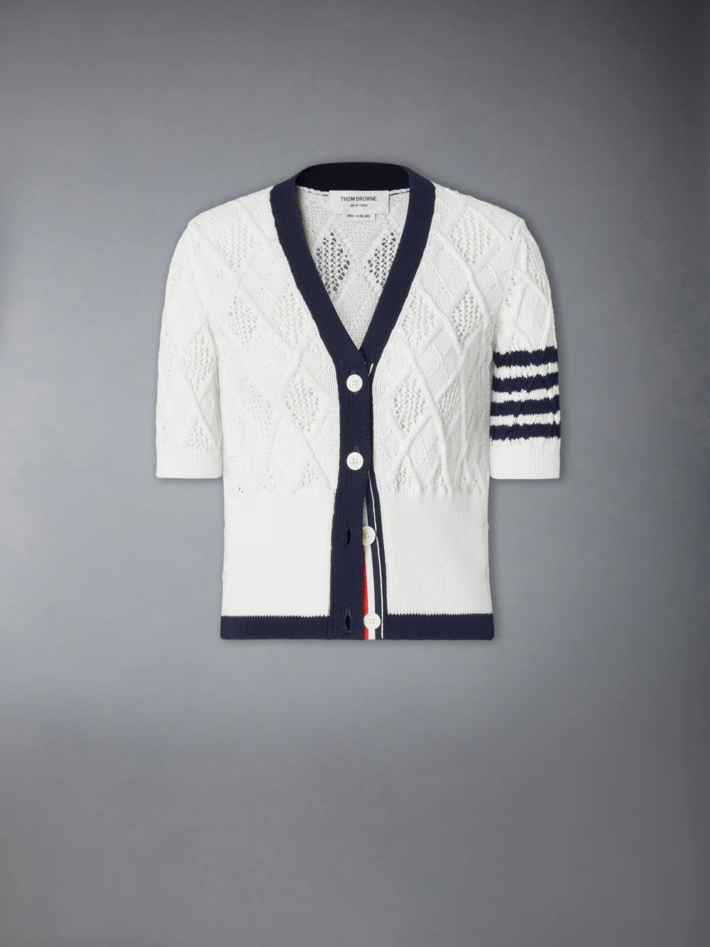 ARGYLE POINTELLE 4-BAR SHORT SLEEVE CARDIGAN WHITE